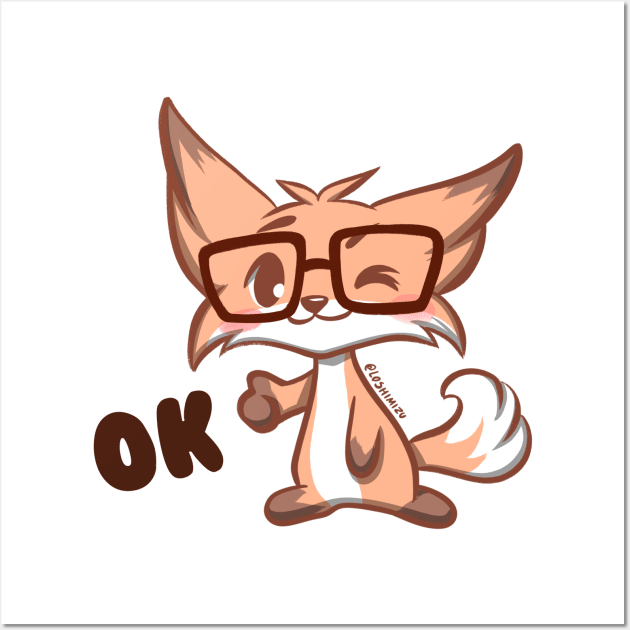 Cute Kawaii Nerd Fox ok good thumbs up Wall Art by Kyumotea